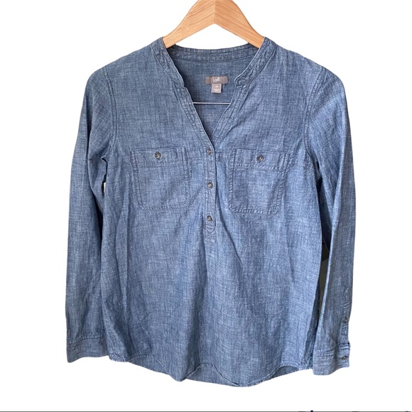 J.JILL Blue Denim Half Button Shirt - Picture 1 of 8